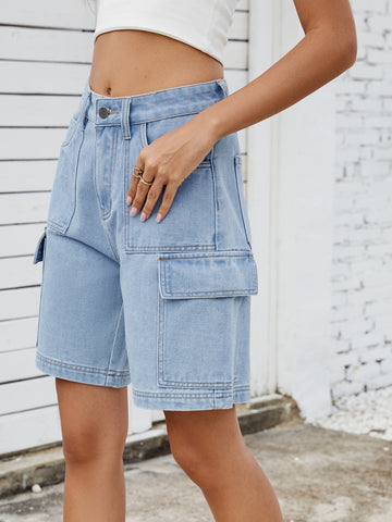 High Waisted Cargo Denim Shorts
