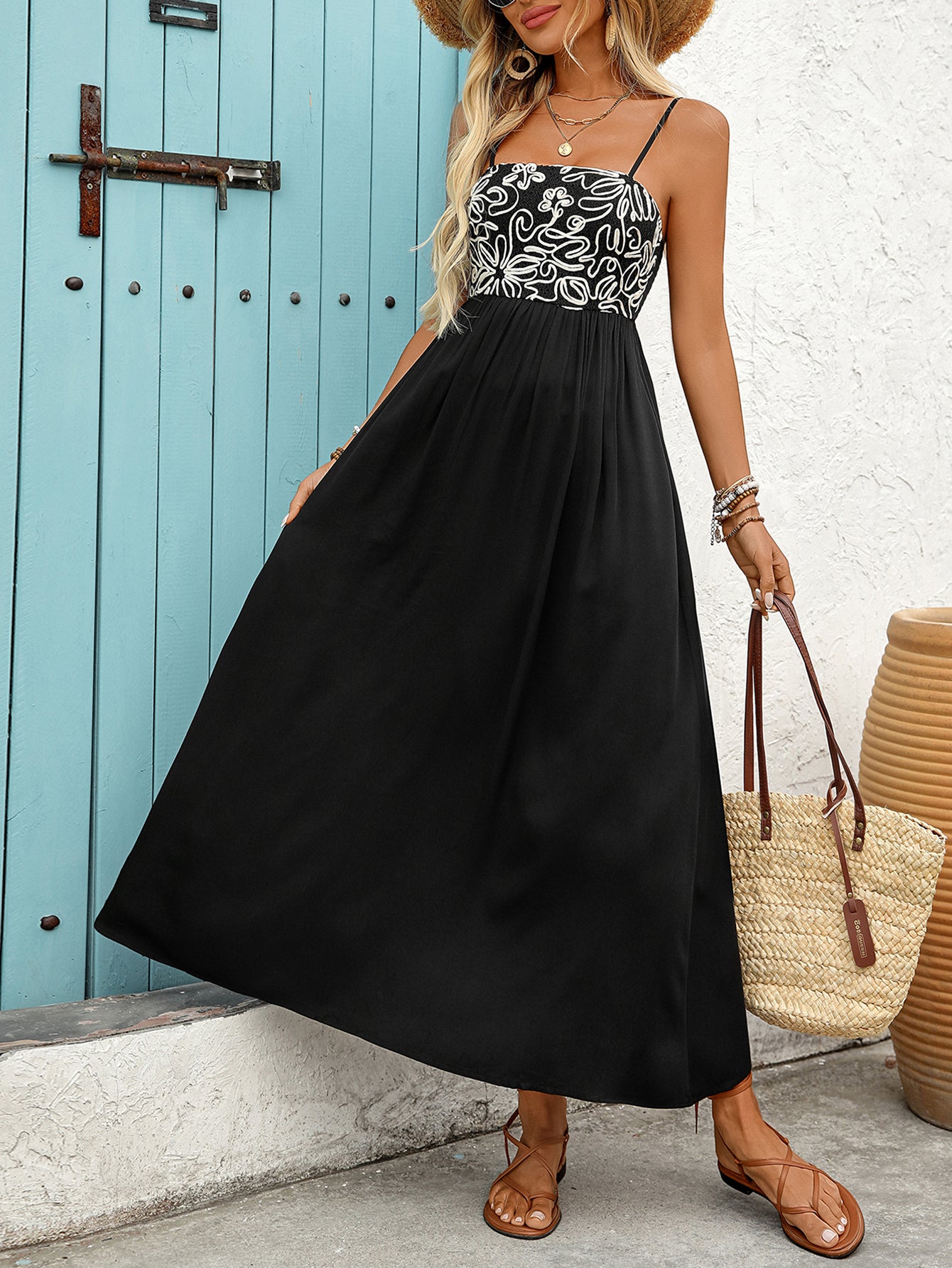 Side Slit Floral Strap Casual Midi Dress
