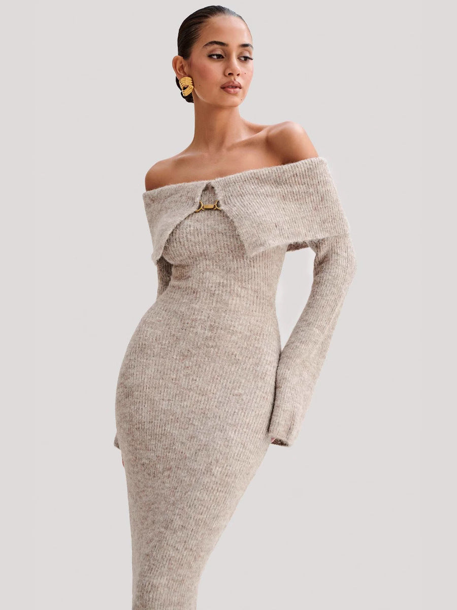 Off Shoulder Ribbed Knit Midi Dress