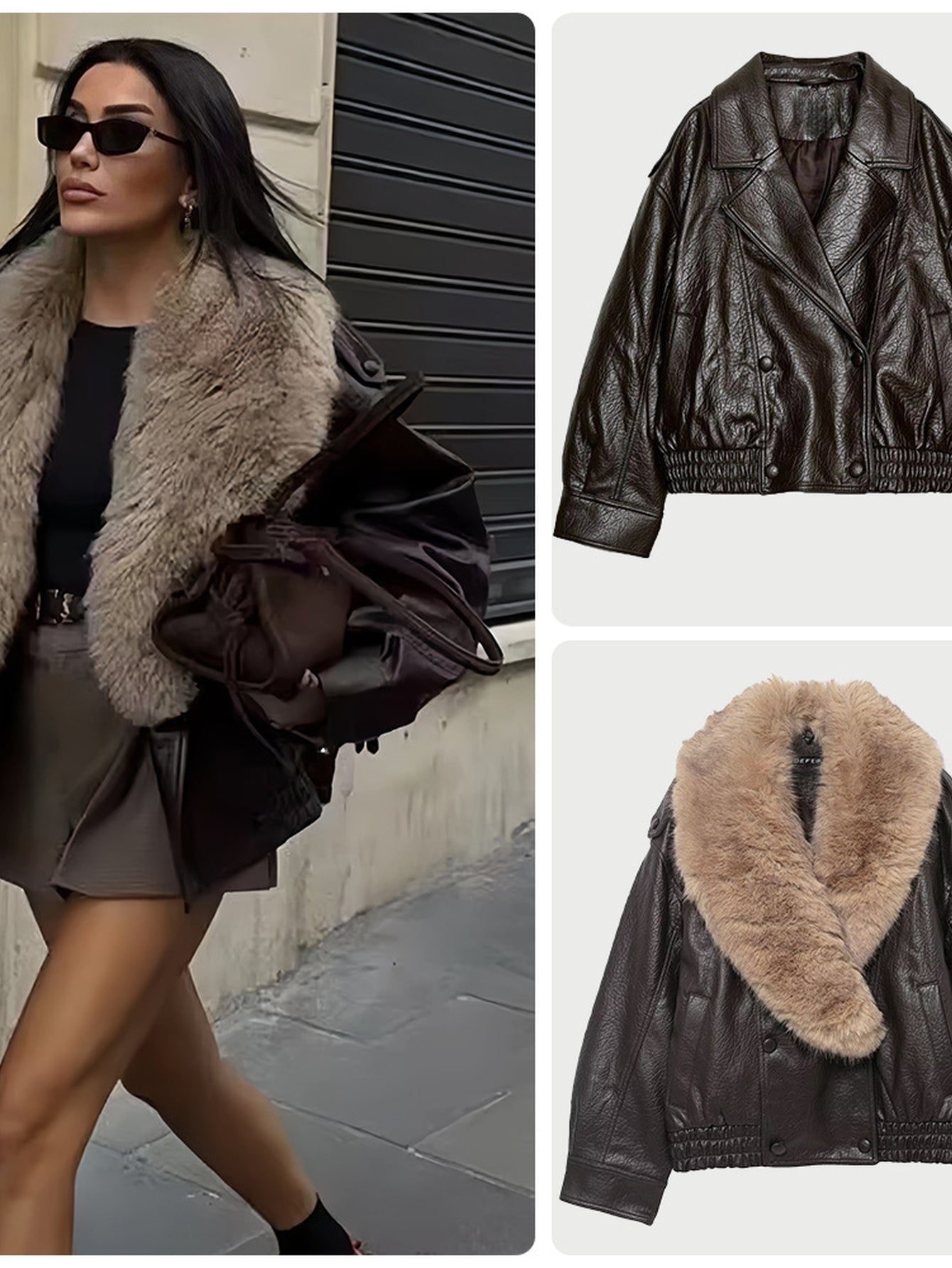Oversized Faux Fur Collar Leather Jacket