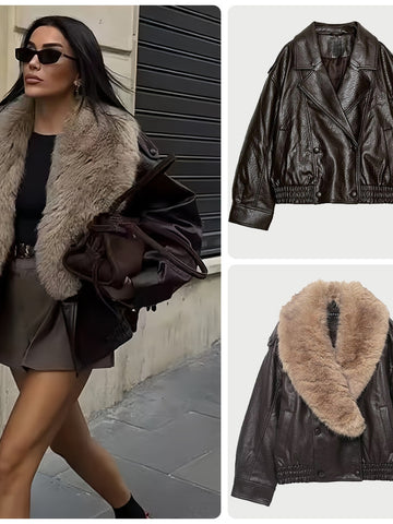 Oversized Faux Fur Collar Leather Jacket