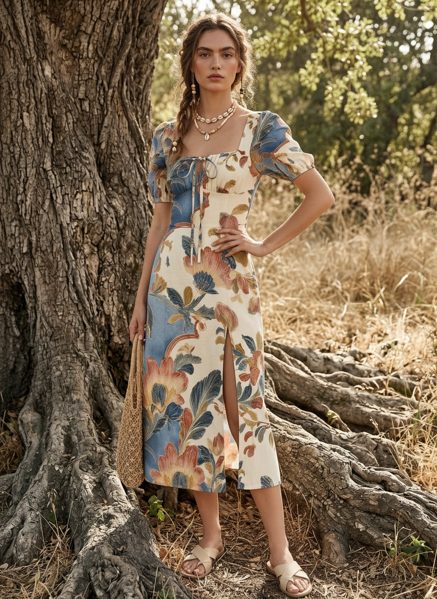 Floral Print Puff Sleeve Tie MidiDress