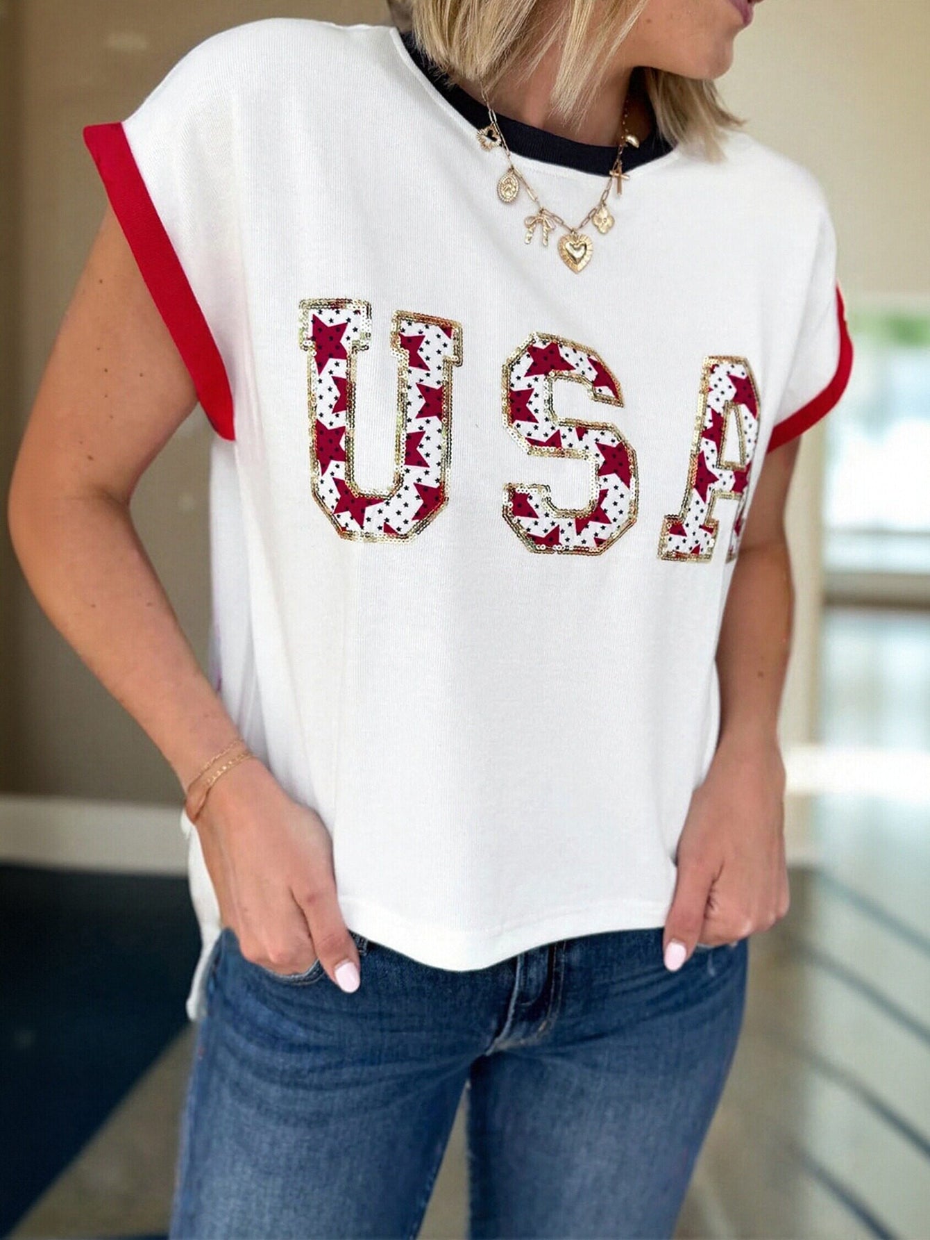 Sequined USA Graphic T-Shirt