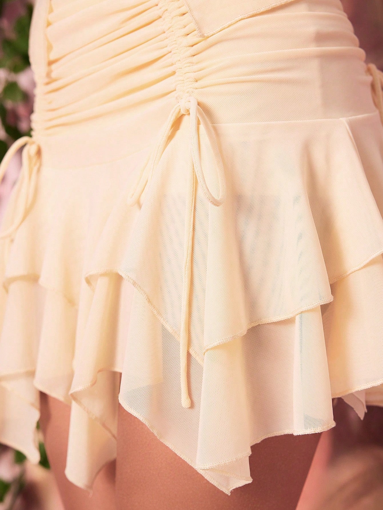 Ruched Waist Asymmetric Hem Mini Skirt-Beie