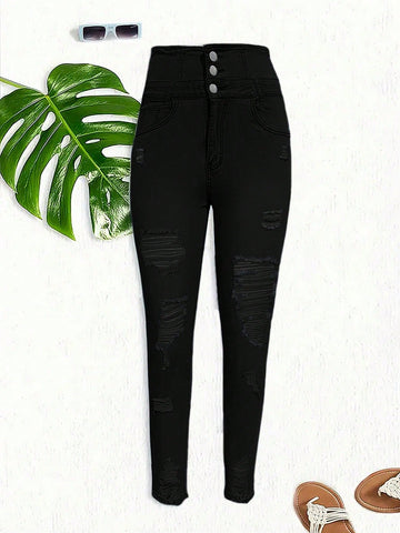 Ripped Black High-Waisted Denim Jeans-Gray