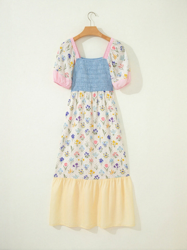 Smocked Puff Sleeve Floral Midi Dress