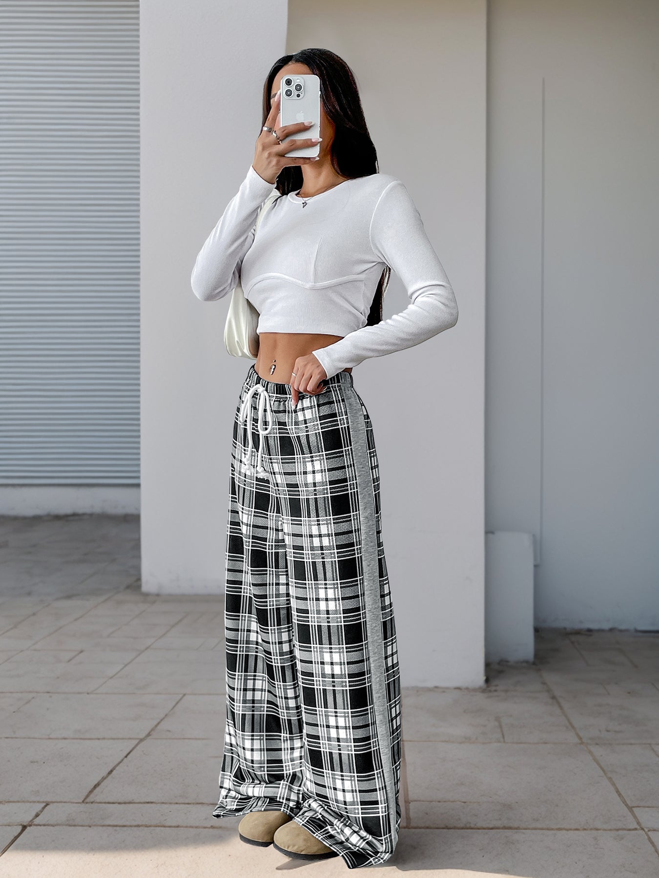 Plaid Print Wide-Leg Resort Casual Pants-Multicolor