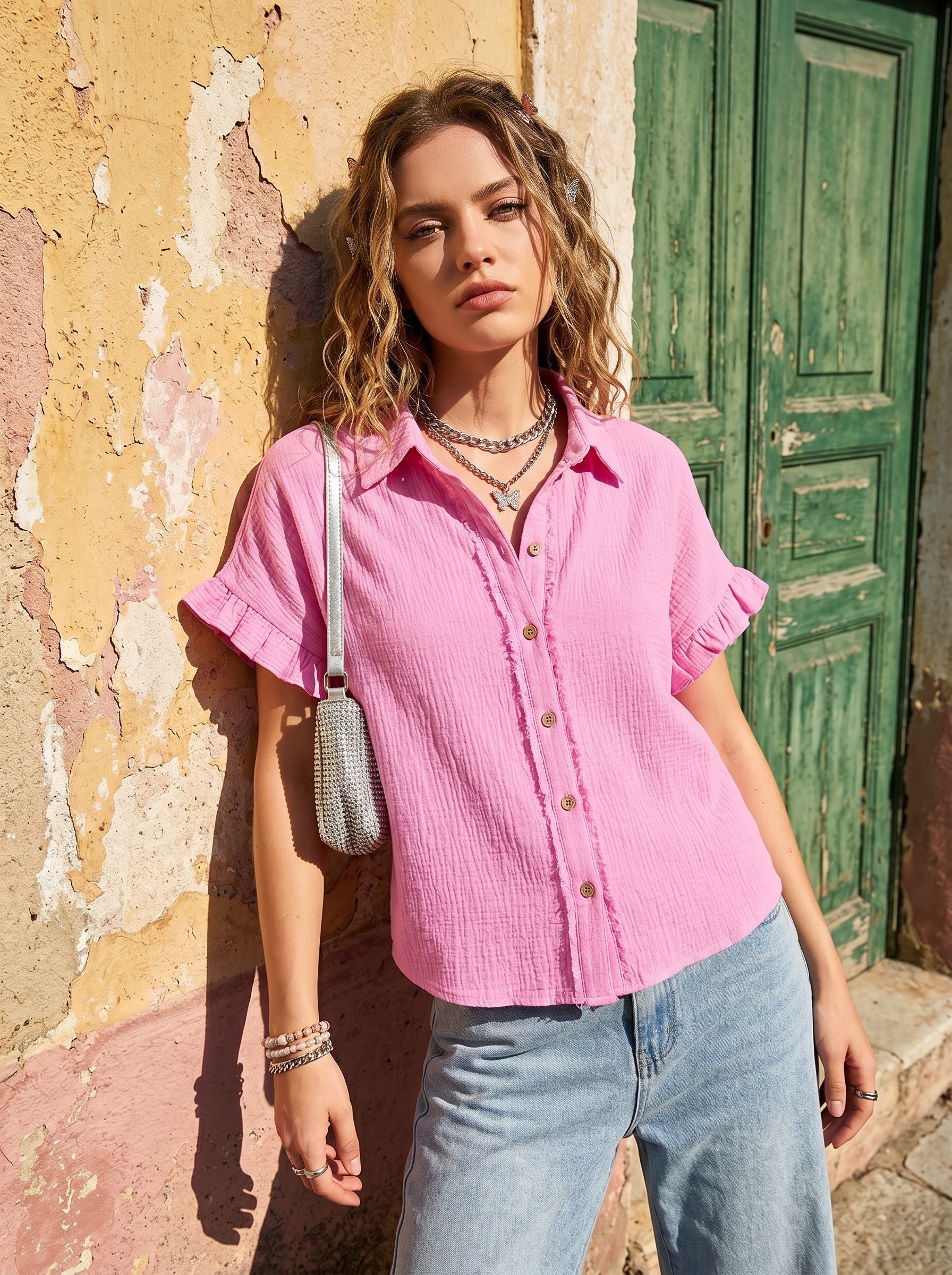 Pink Ruffle Sleeve Shirt