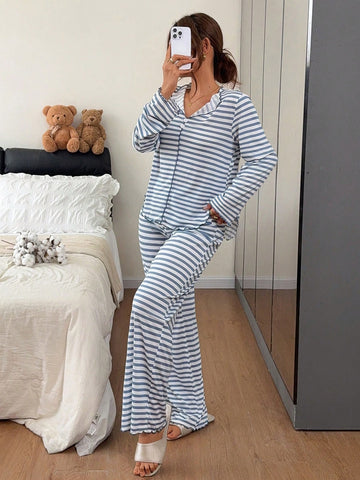 Soft Striped Lettuce Trim Pajama Set