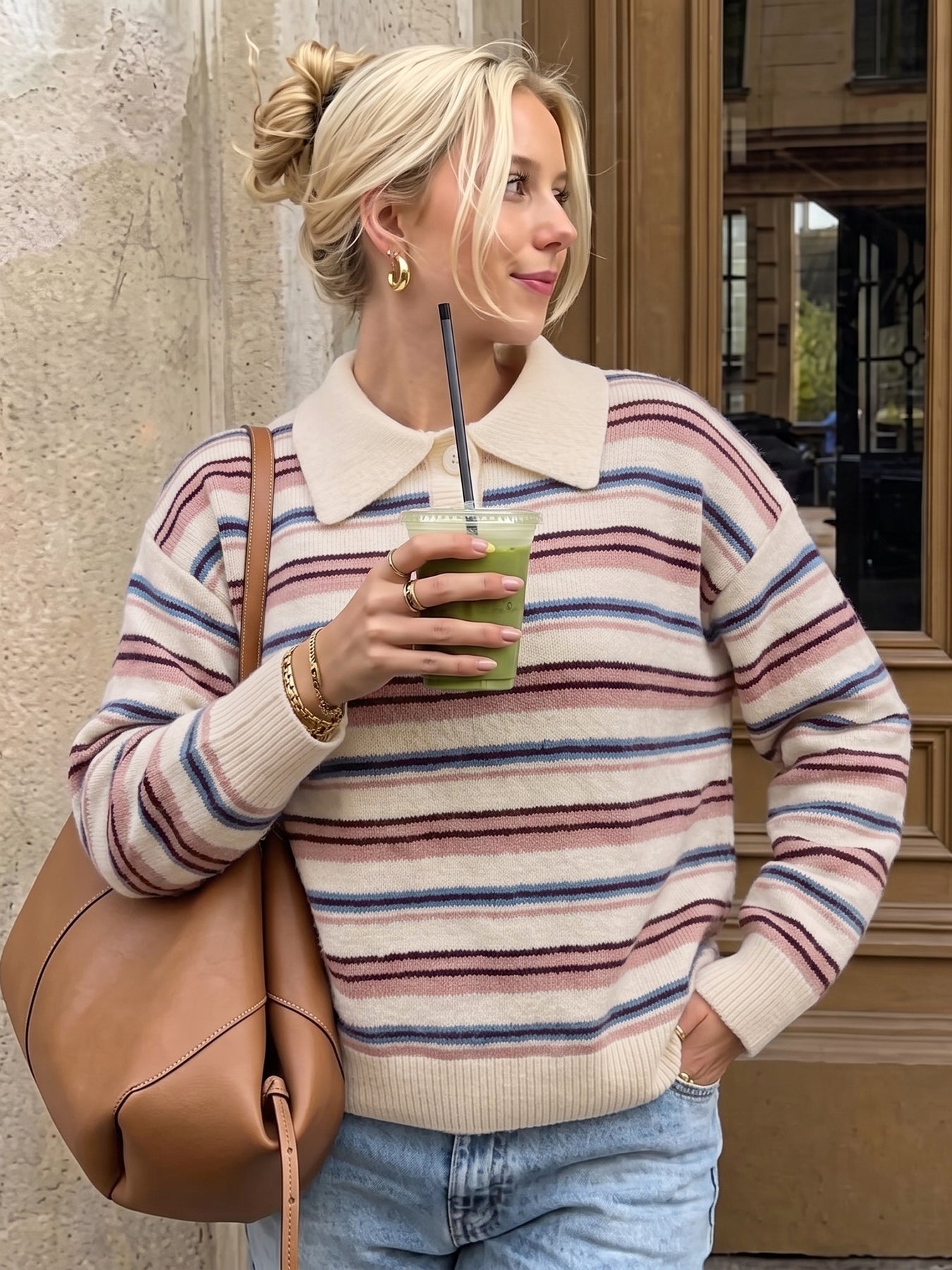 Cozy Striped Collared Knit Sweater
