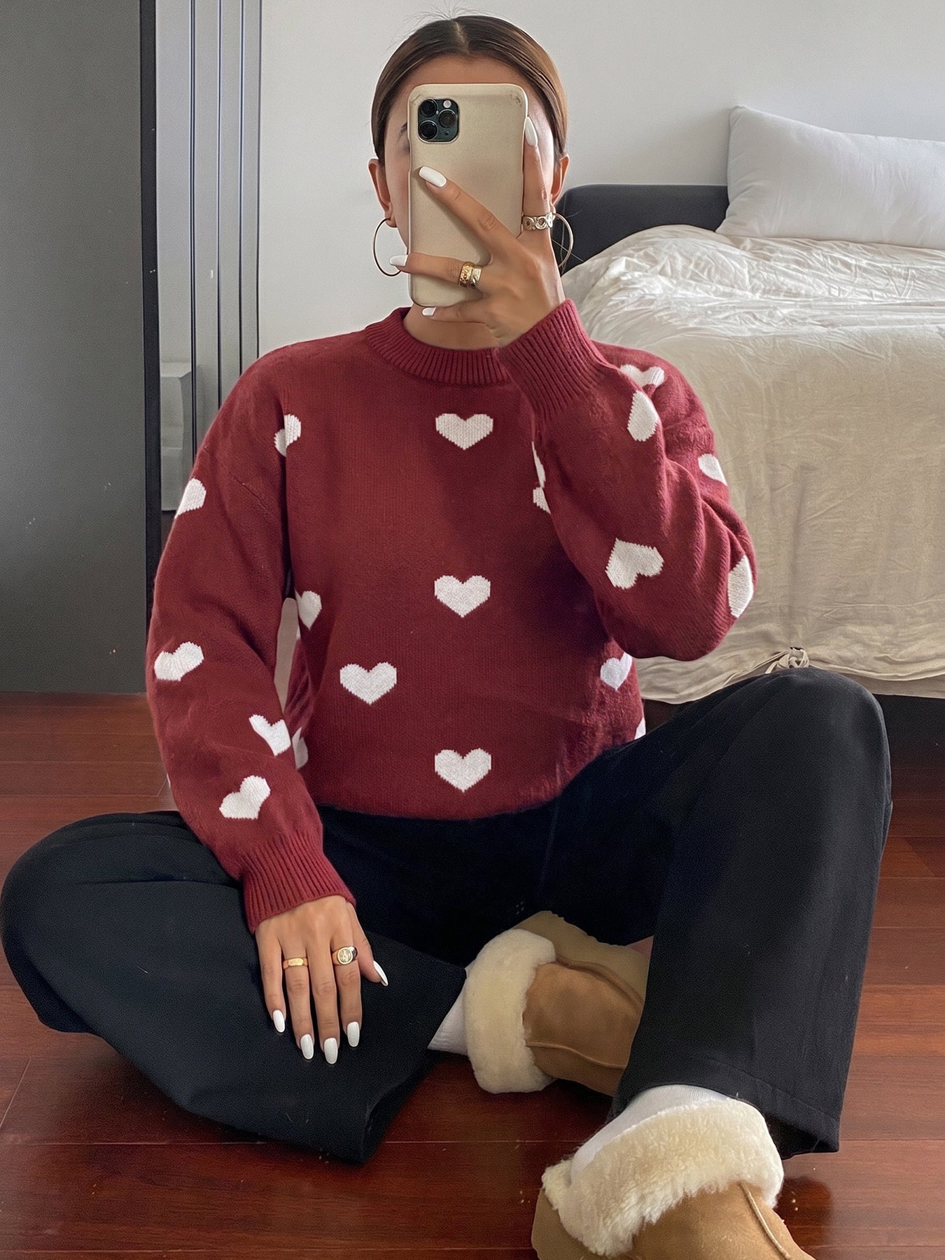 Cute Heart Print Crewneck Sweater