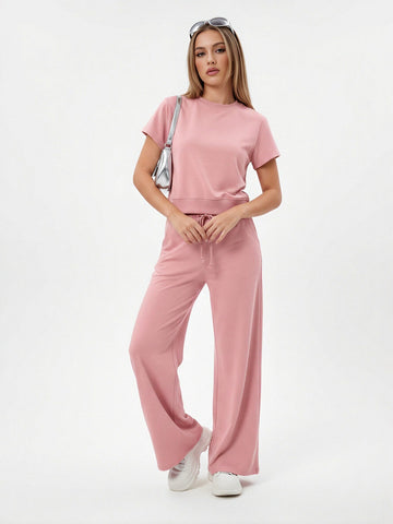 Pink Drawstring Waist Pants Set