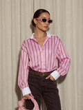 Oversized Striped Contrast Collar Button Down Shirt