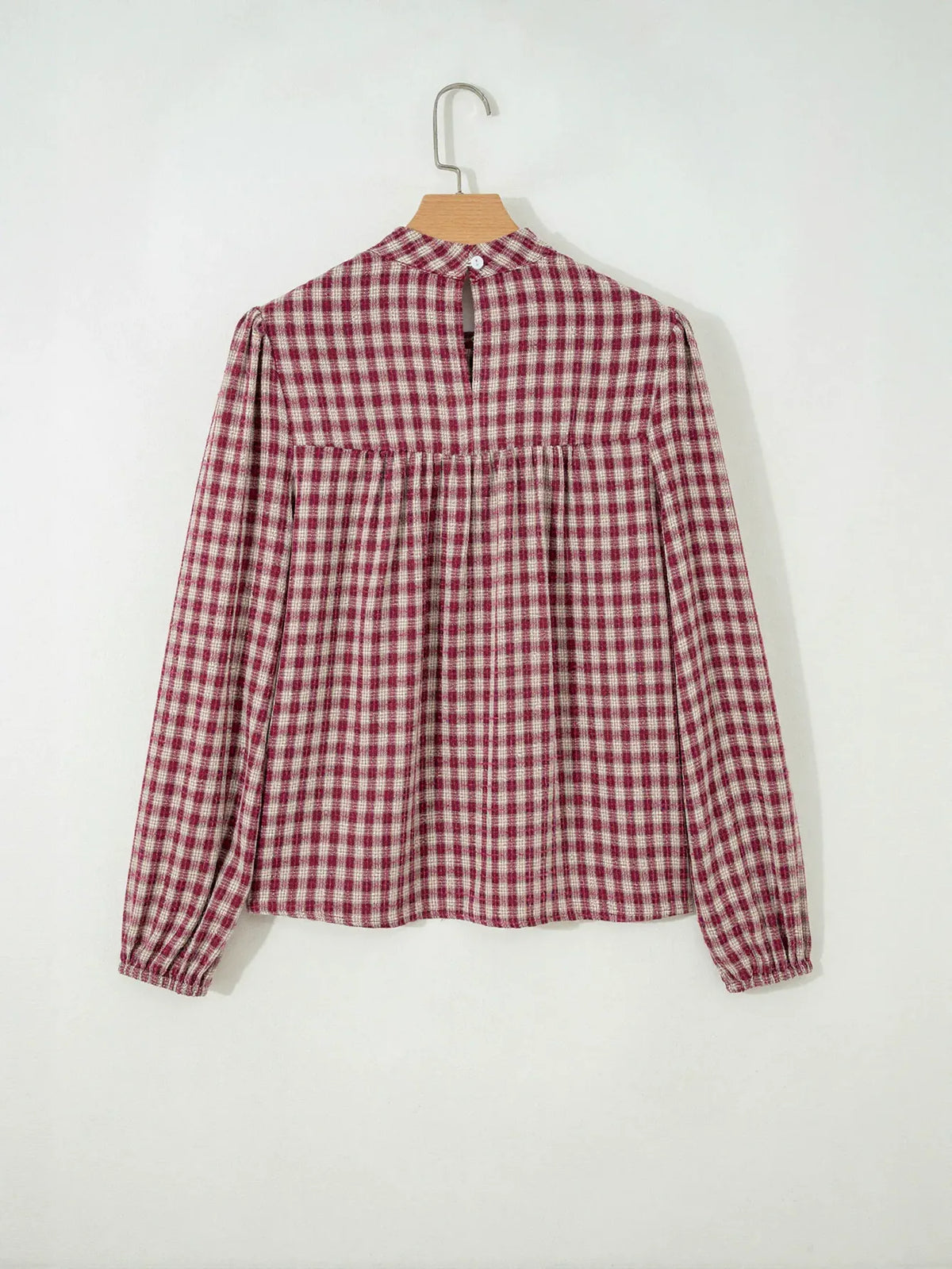 Plaid Smocked Mock Neck Blouse