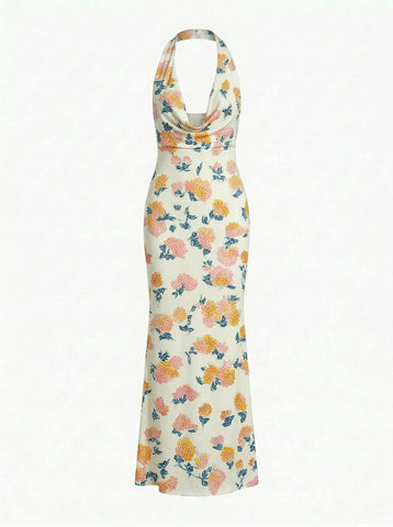 Floral Print Cowl Neck Bodycon Maxi Dress