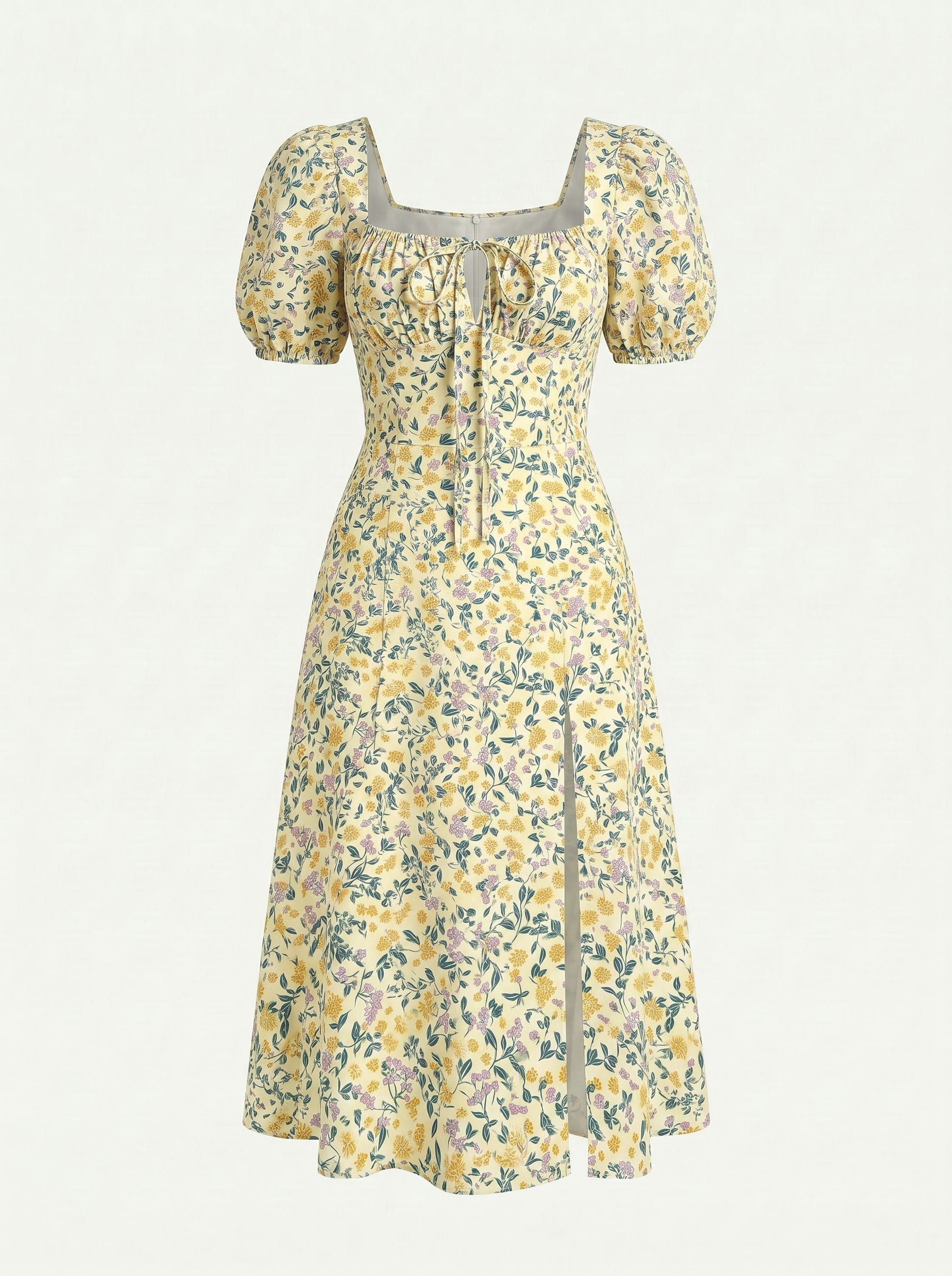 Floral Print Puff Sleeve Tie MidiDress