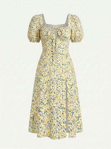 Floral Print Puff Sleeve Tie MidiDress
