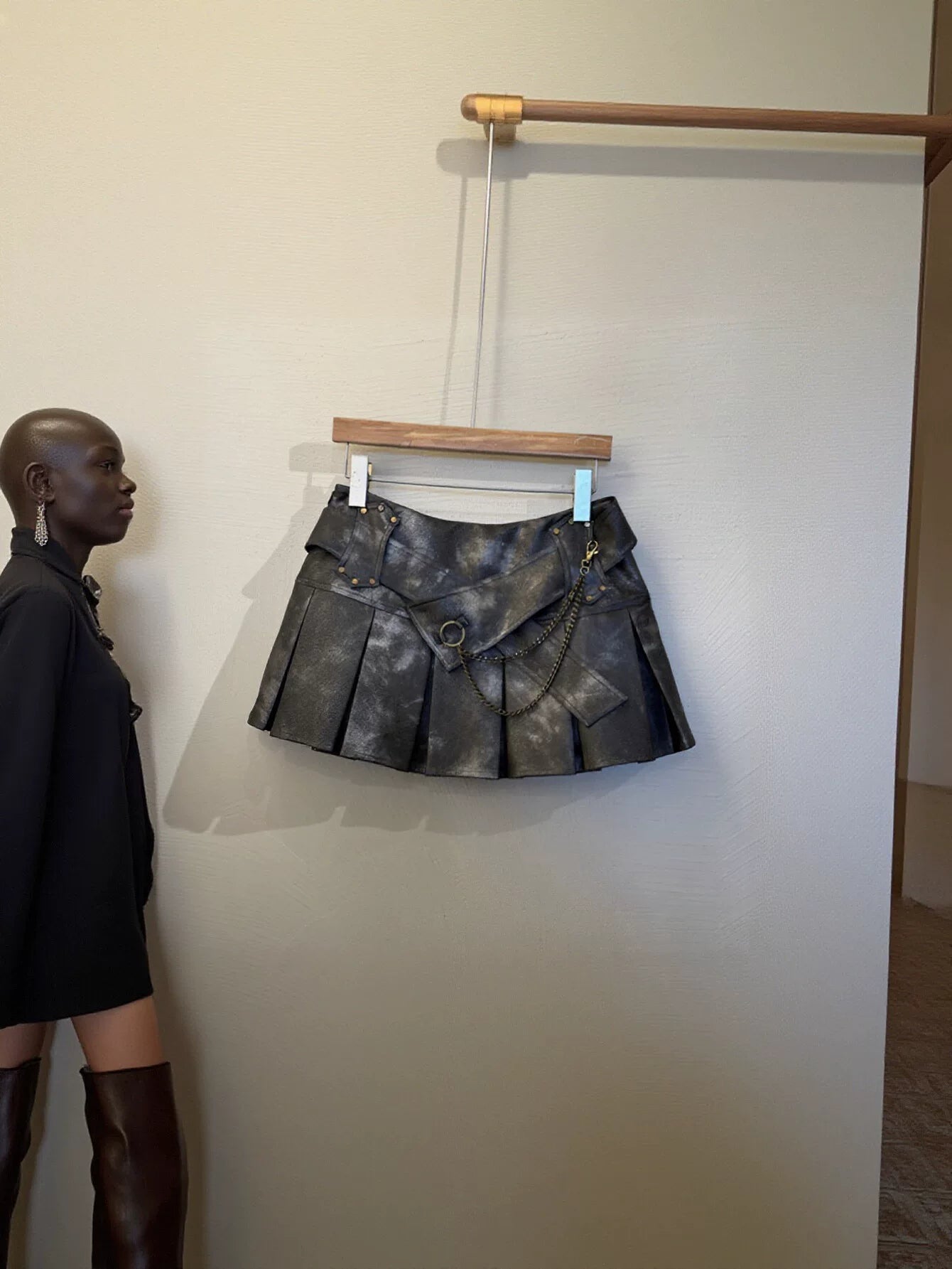 Distressed Faux Leather Pleated Mini Skirt