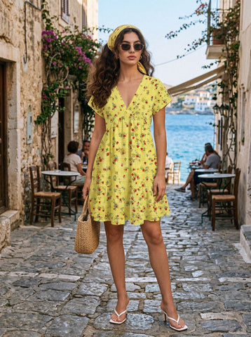 EVA Floral Print V Neck Tiered Babydoll Mini Dress