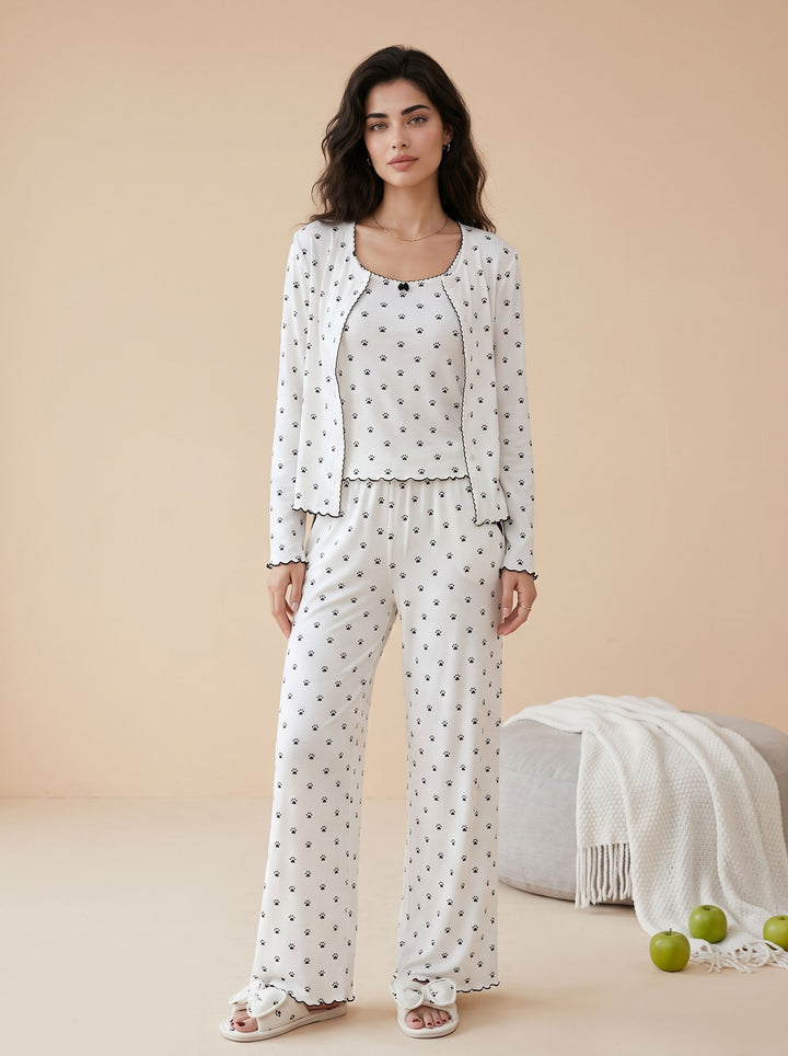 Soft Ribbed Paw Print Pajama Set