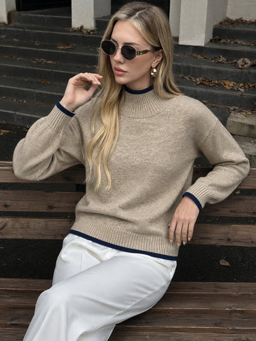 Cozy Contrast Trim Mock Neck Sweater