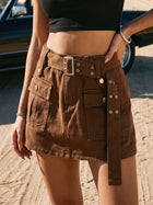 Brown Utility Belted Denim Mini Skirt