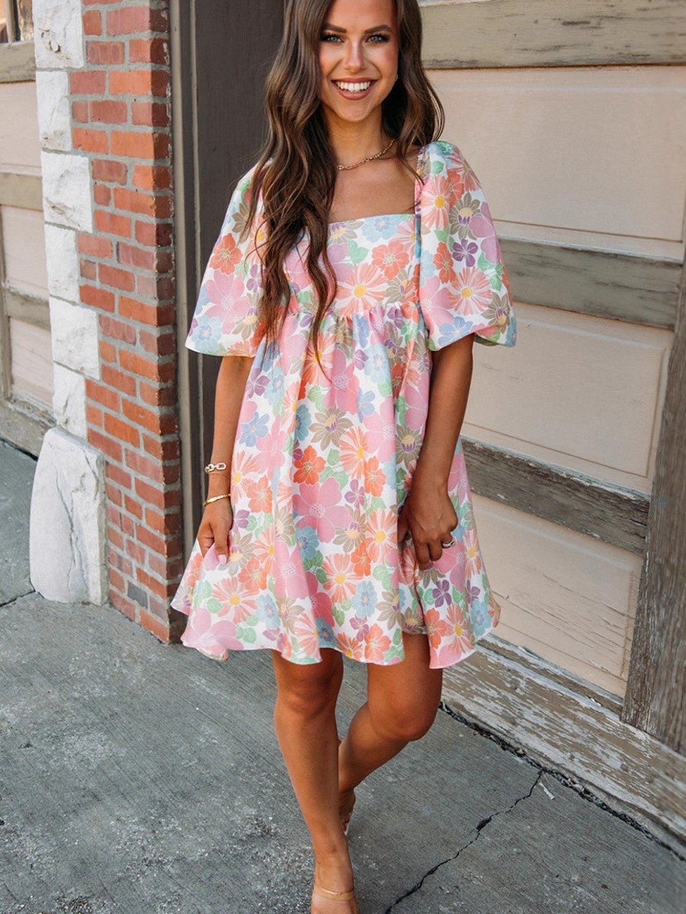 Square Neck Floral Print Elegant Mini Dress