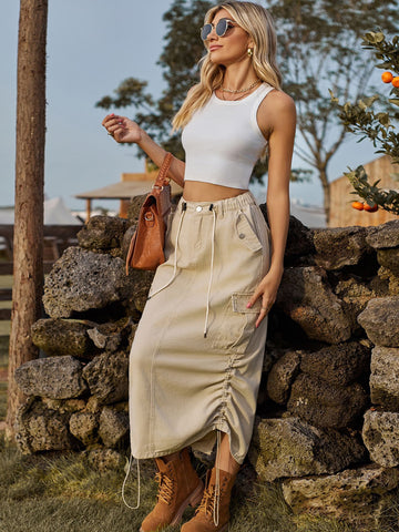 High Waisted Drawstring Denim Midi Skirt