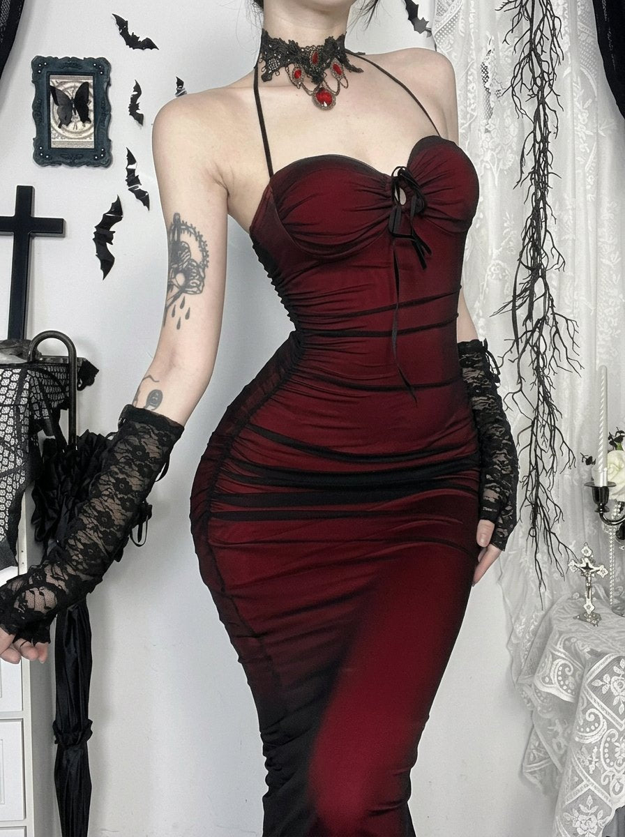 Gothic Ruched Mesh Maxi Dress