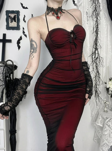 Gothic Ruched Mesh Maxi Dress