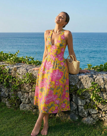 AURELIA Floral Print Halter Neck Tie Back Midi Dress