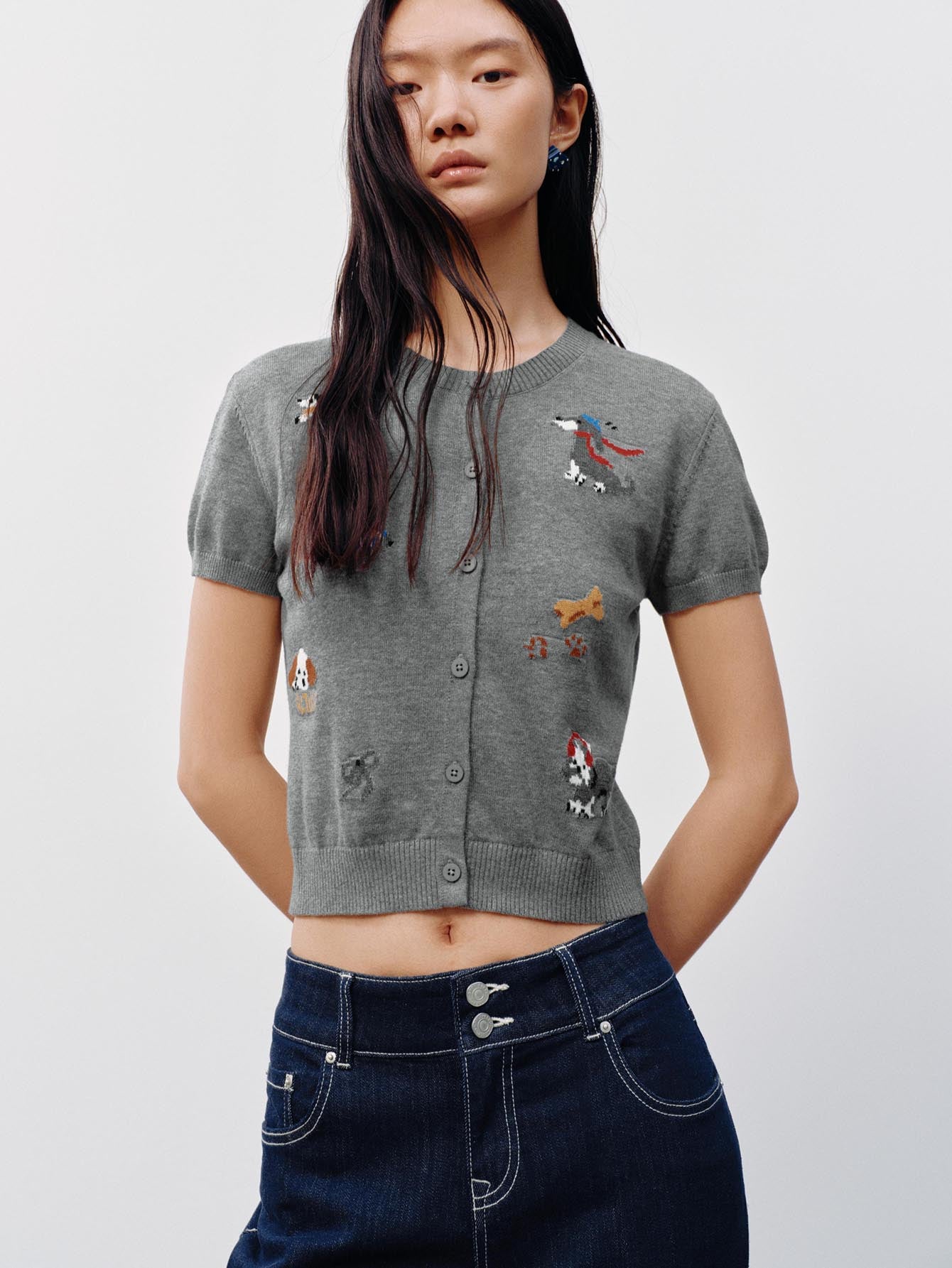 Urban Revivo Crew Neck Short Sleeve Intarsia Knitted Cardigans-Cool Grey