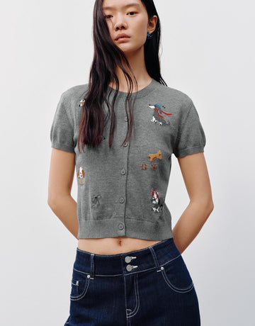 Urban Revivo Crew Neck Short Sleeve Intarsia Knitted Cardigans-Cool Grey