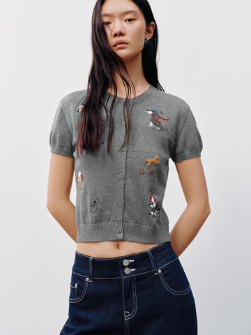 Urban Revivo Crew Neck Short Sleeve Intarsia Knitted Cardigans-Cool Grey