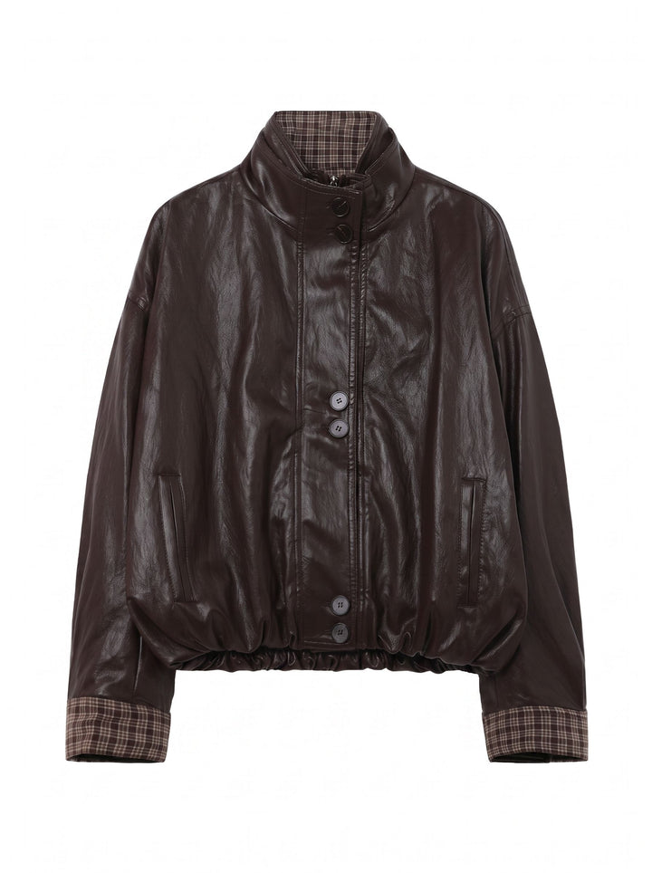 Plaid Trim Oversized Faux Leather Jacket