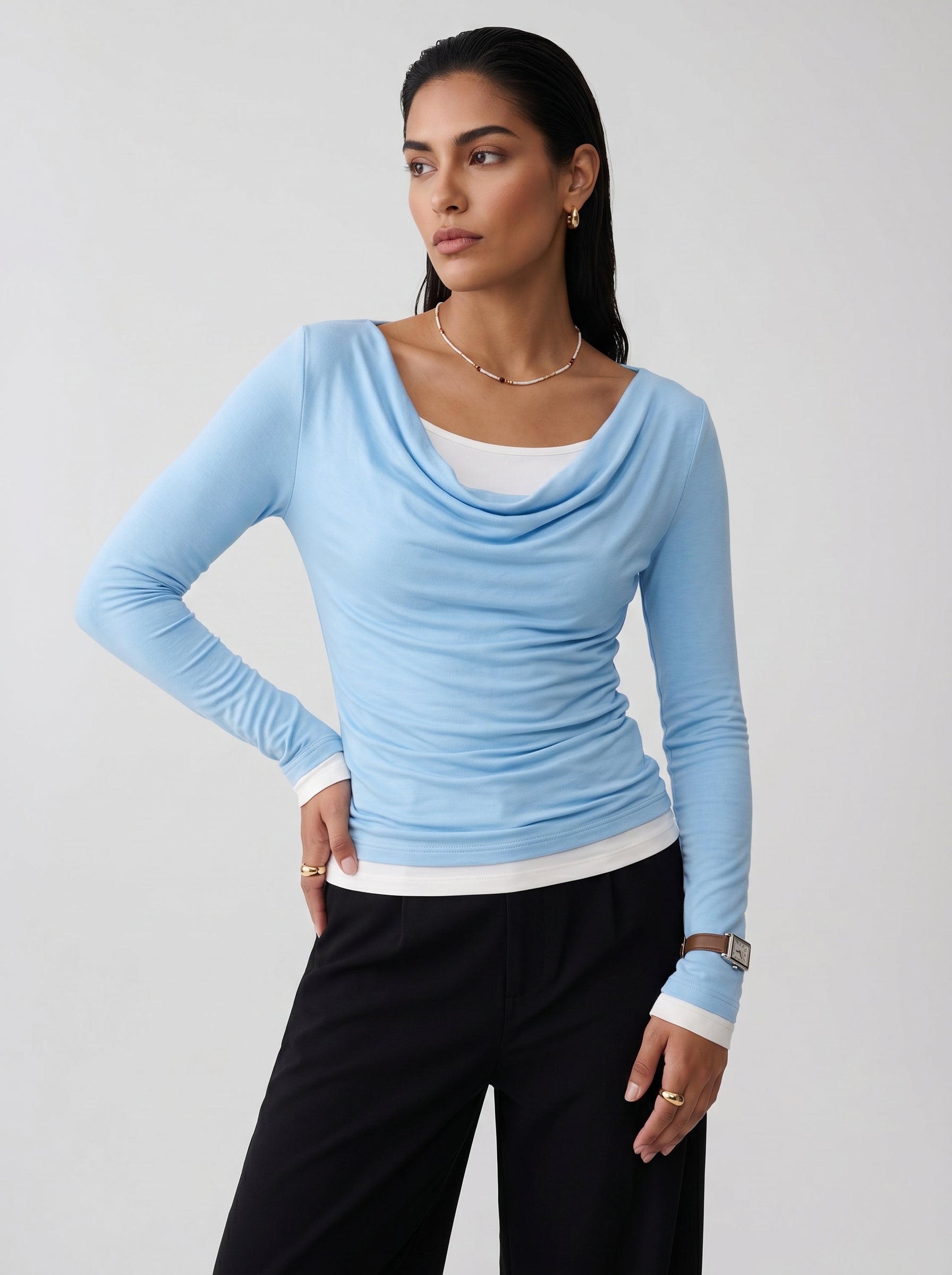 Layered Cowl Neck Long Sleeve T-shirt