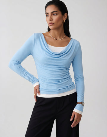 Layered Cowl Neck Long Sleeve T-shirt