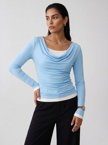 Layered Cowl Neck Long Sleeve T-shirt