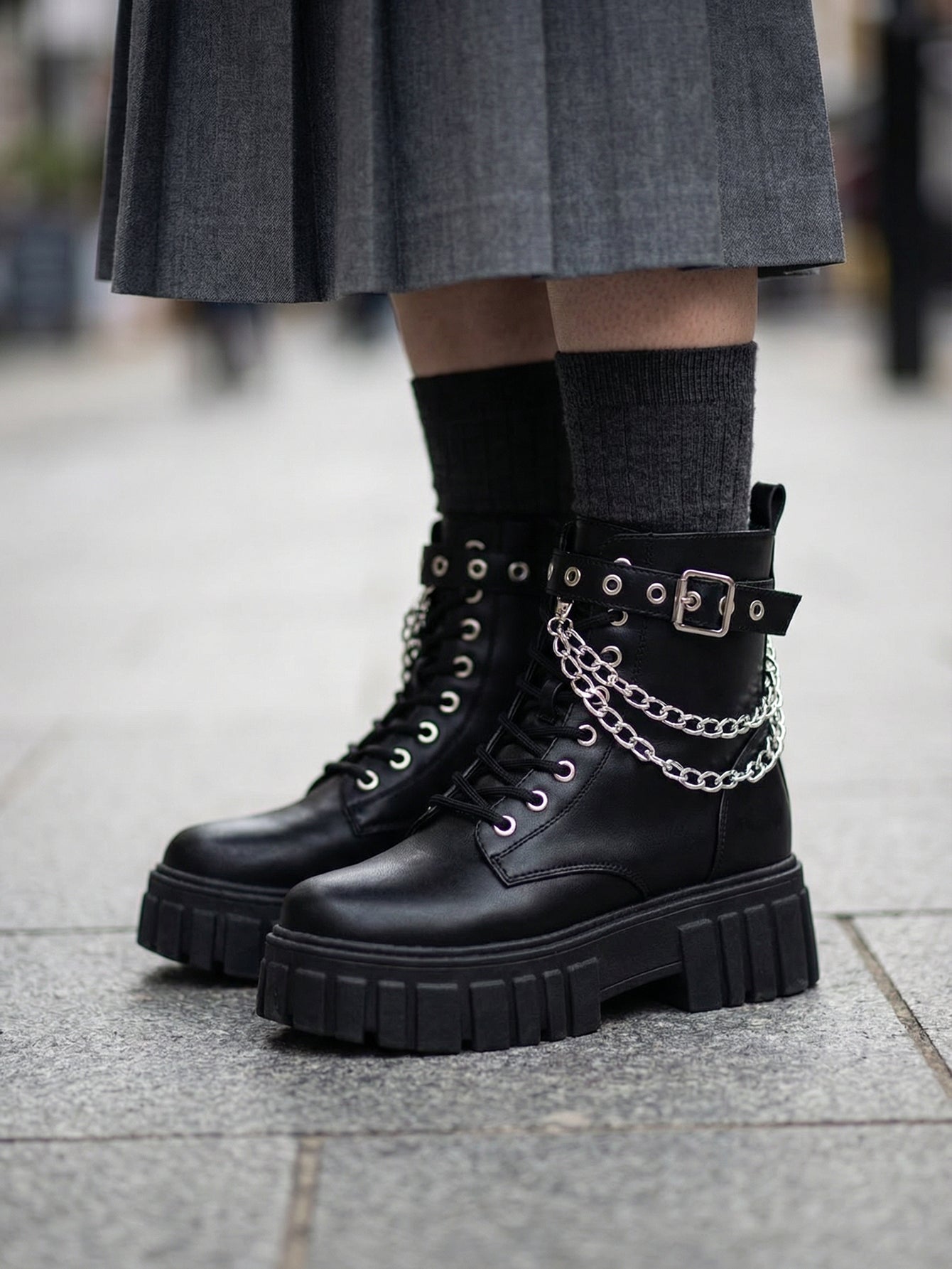 Chunky Sole Chain Detail Combat Boots