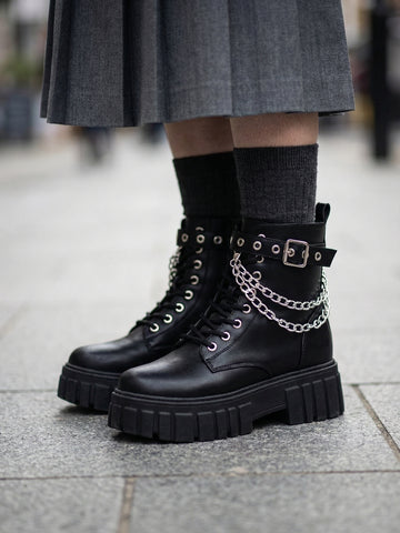 Chunky Sole Chain Detail Combat Boots
