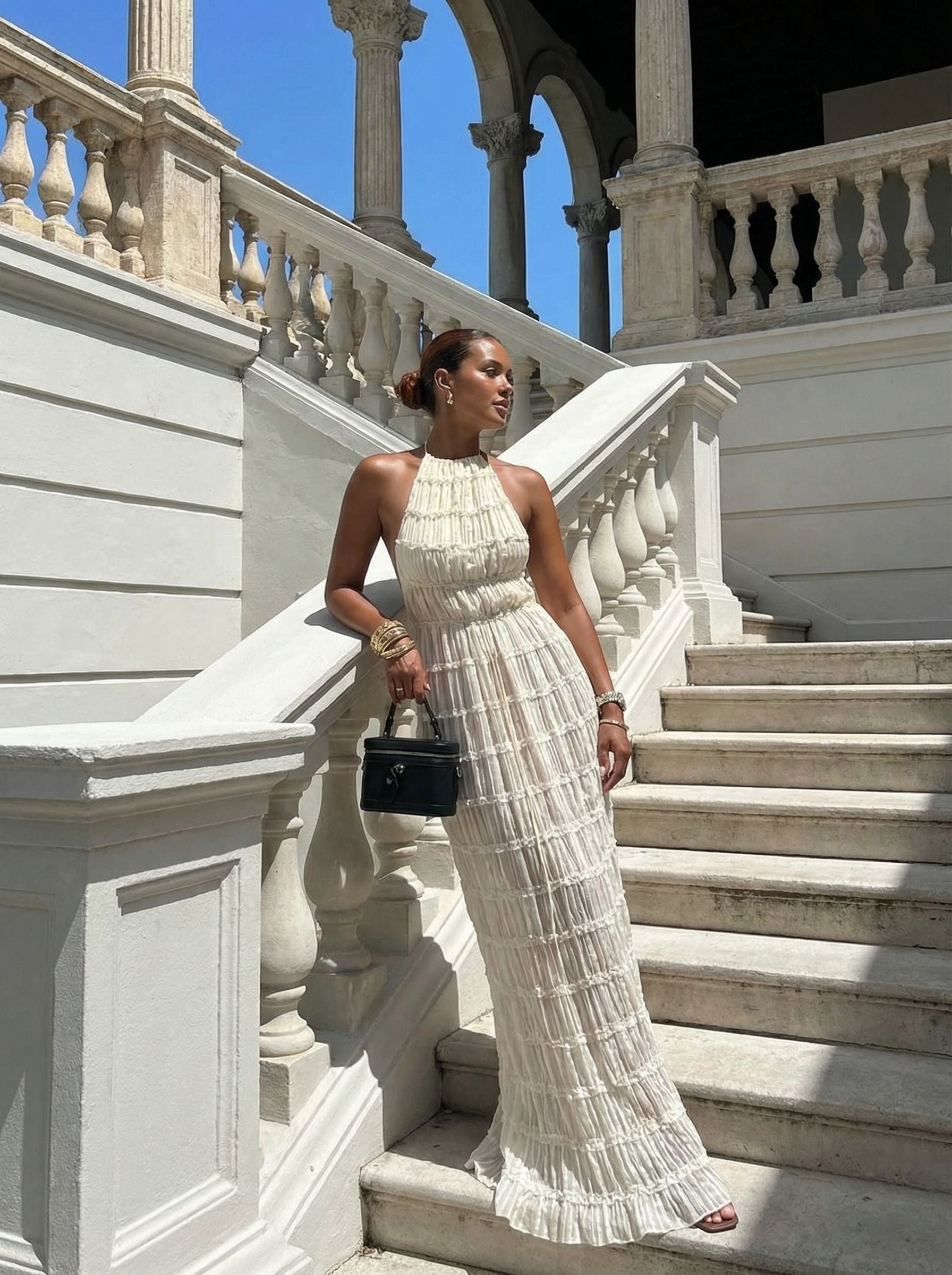 Solid Color Halter Tiered Flowy Maxi Dress-White