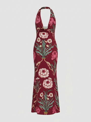 LILA Floral Print Cowl Neck Bodycon Midi Dress