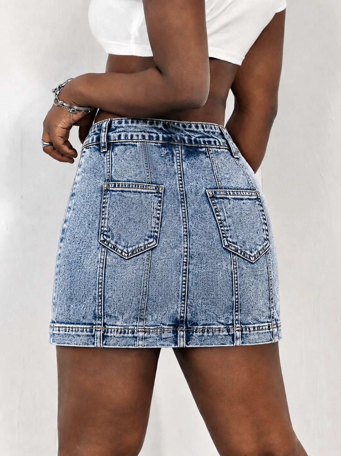 High Waisted Washed Denim Mini Skirt