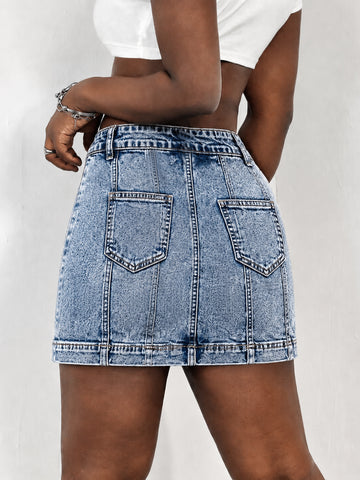 High Waisted Washed Denim Mini Skirt