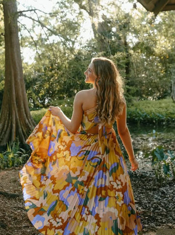 Floral Pleated V Neck Midi Dress