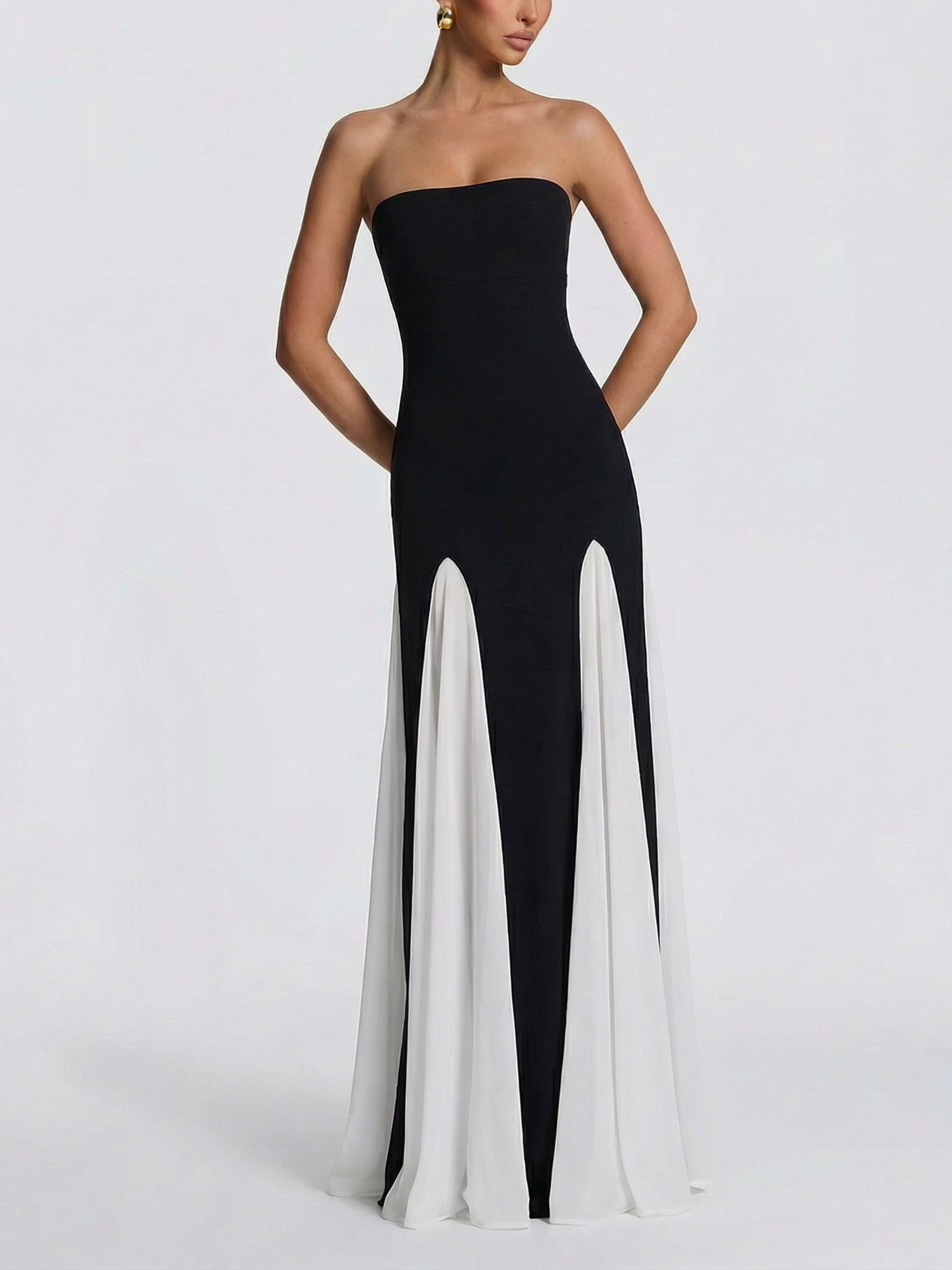 Strapless Two-Tone Maxi Evening Dress-Black