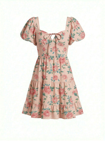 AYLA Floral Print Puff Sleeve Tiered Mini Dress