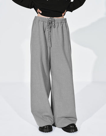 Urban Revivo Contrast Trim Drawstring Pull On Wide Leg Pants-Light Gray