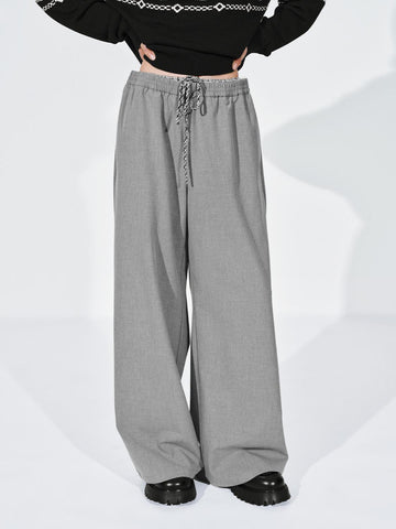 Urban Revivo Contrast Trim Drawstring Pull On Wide Leg Pants-Light Gray