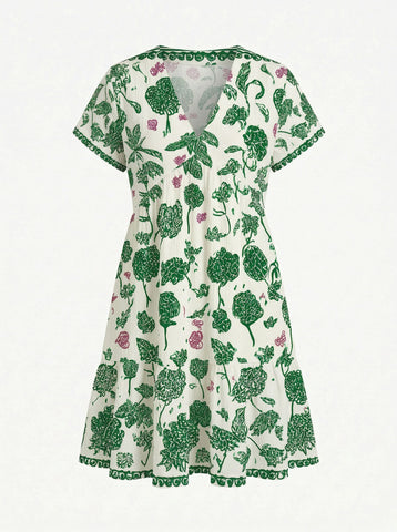 Floral Print V Neck Tiered Babydoll Mini Dress